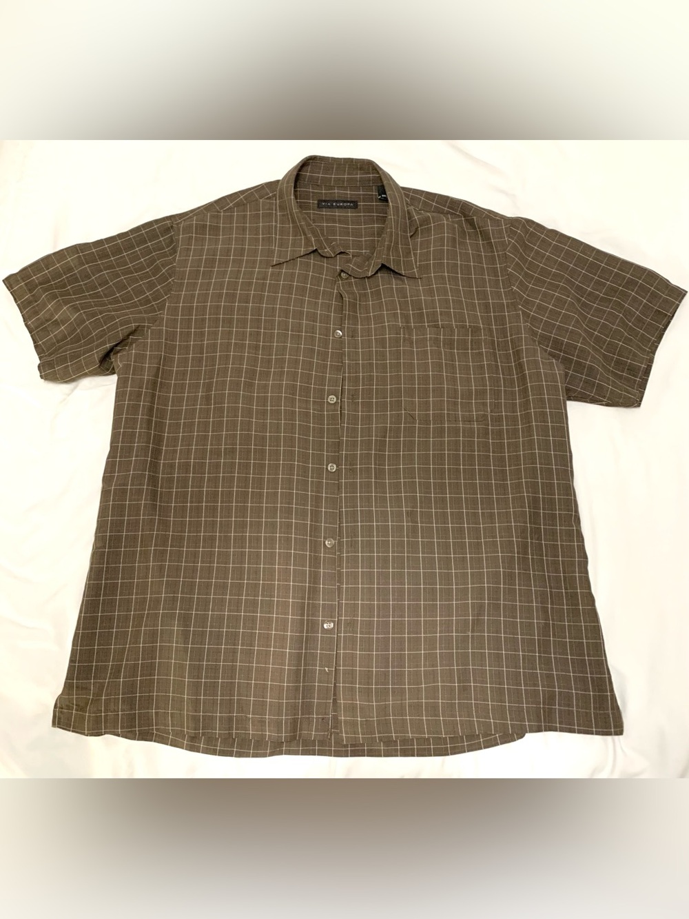 Via Europe Brown Grid Short Sleeve Button Down Shirt